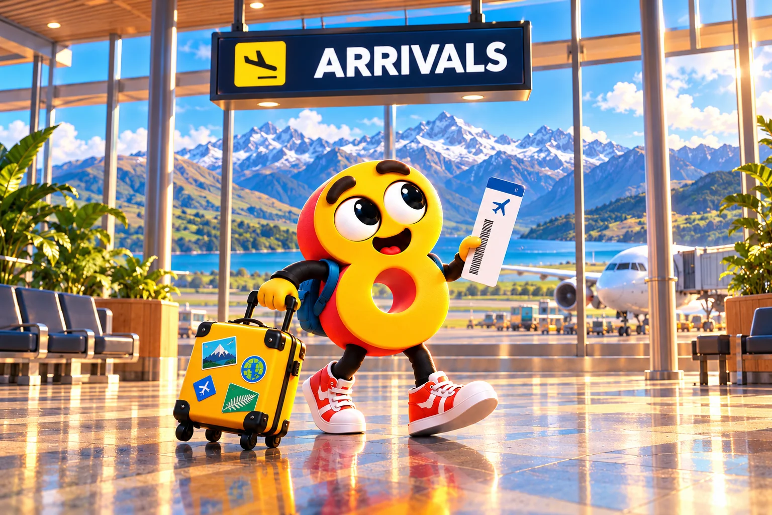 Eight arriving at a mountain destination airport with a yellow suitcase and an oversized boarding pass.